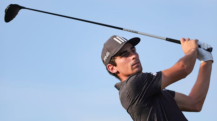 Joaquin Niemann plays his shot from the 17th tee during the final round of the LIV Golf Miami golf tournament at Trump National Doral.
